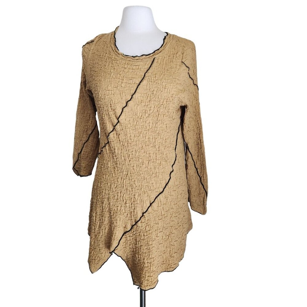 IC By Connie K Patchwork Tunic Top Women’s M Asymmetrical Hem Crinckle Lagenlook